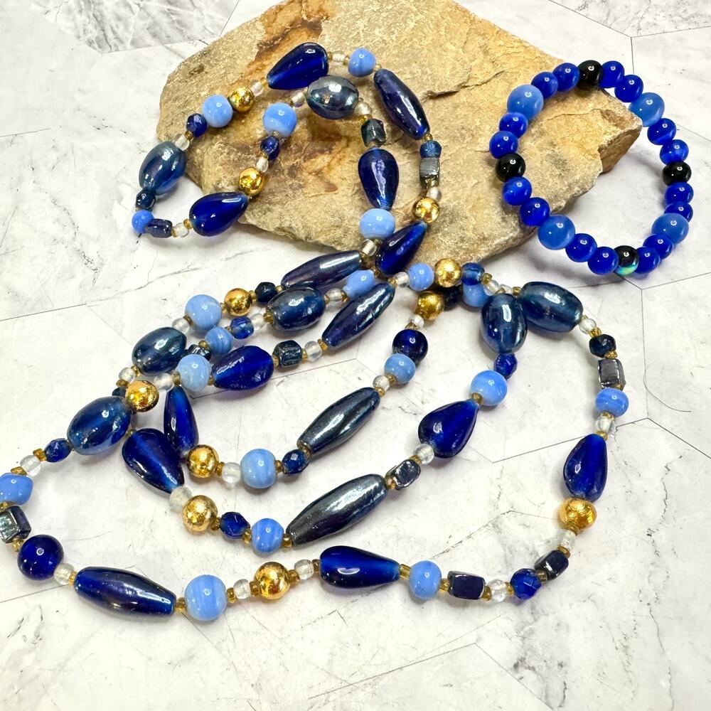 Vintage Cobalt Blue Art Glass Beaded Necklace & Bracelet Long Gold Tone Stretch
